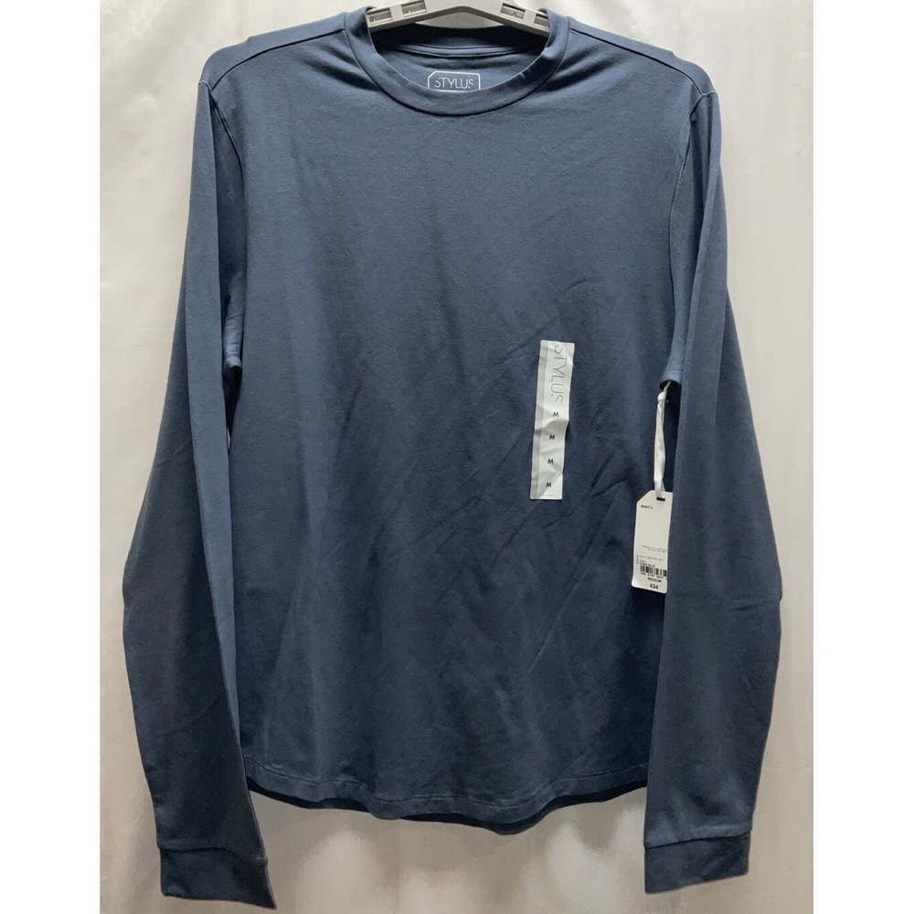NWT Men's Stylus‎ Crew Neck Long Sleeve Stretch Cotton T-Shirt China Blue Medium